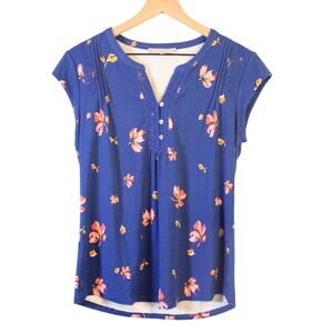 Daniel‎ Rainn Women’s Small Blue Floral Blouse Short Sleeve Split Neck Top